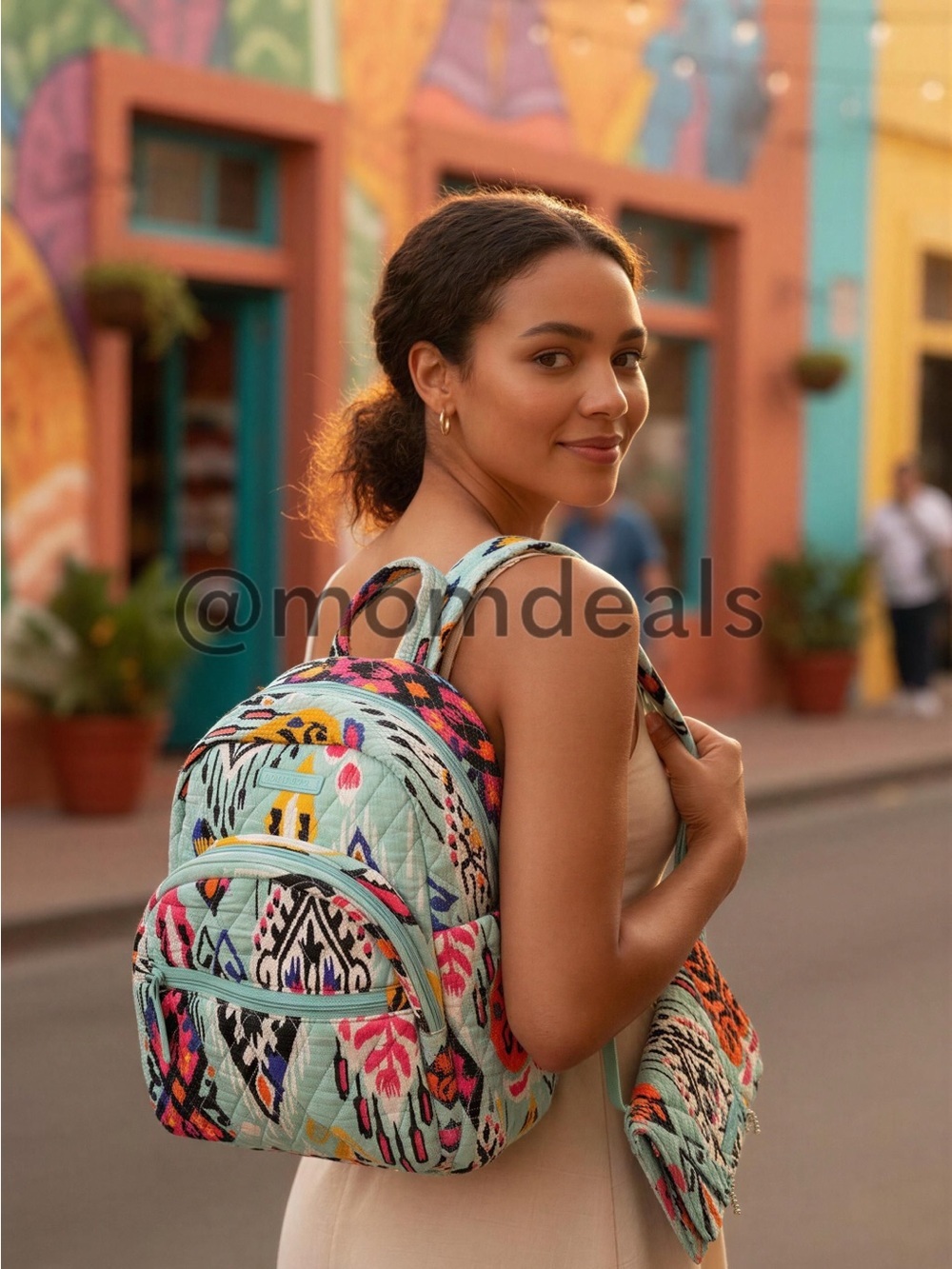 2pc Vera Bradley Pueblo Compact Backpack &Trifold Wristlet Wallet Teal Pink Ikat